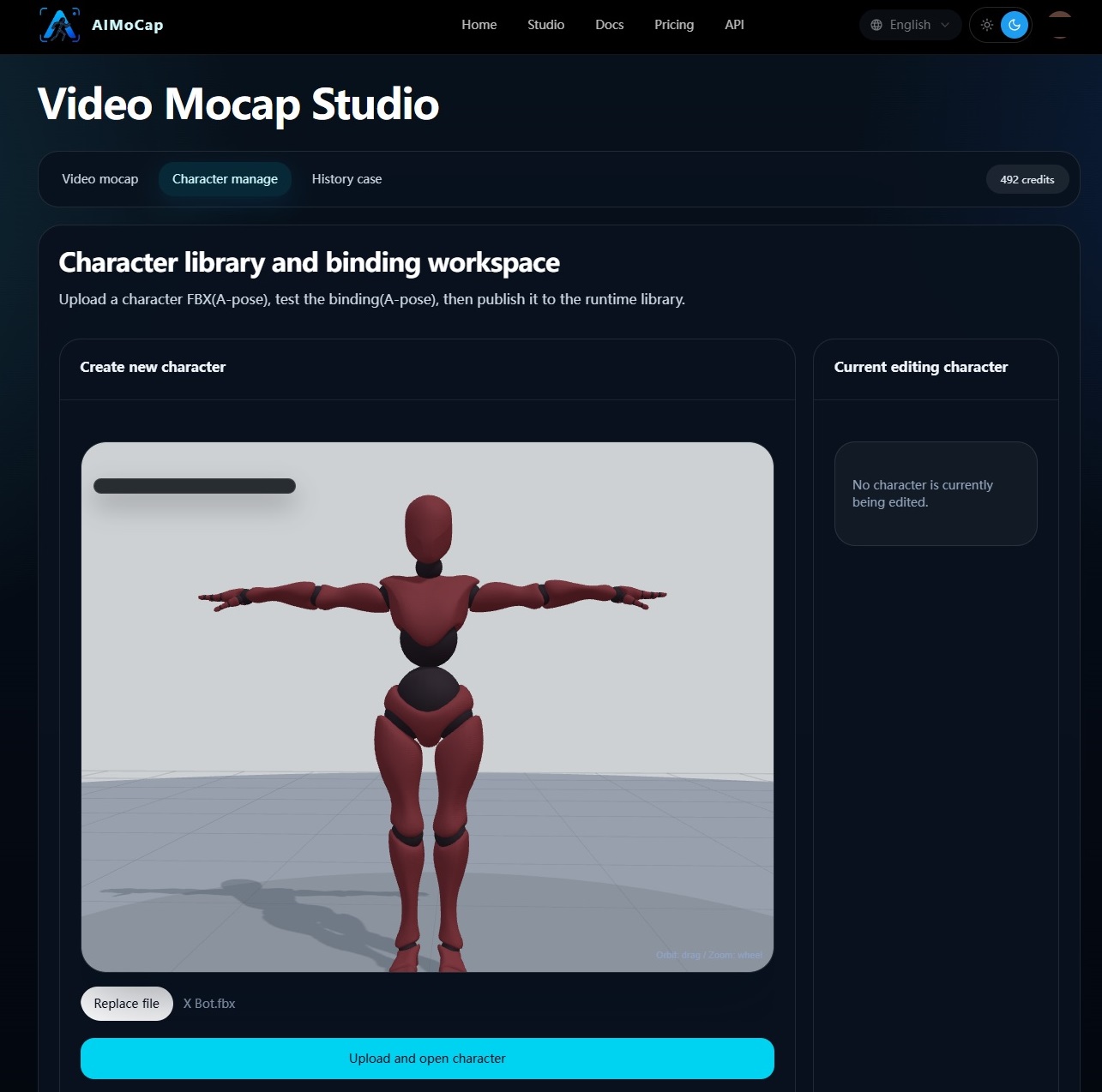 Upload a humanoid FBX into Character Management.