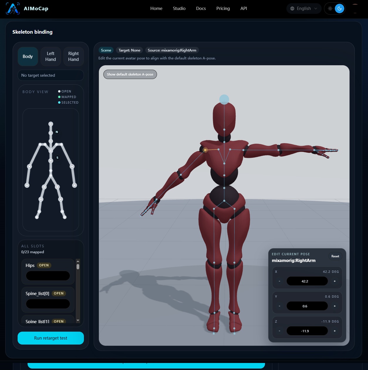 Editing the source character into a clean A-pose.
