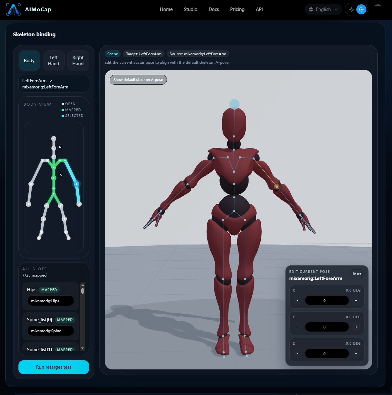 Binding the source skeleton to the AIMoCap humanoid target mapping.