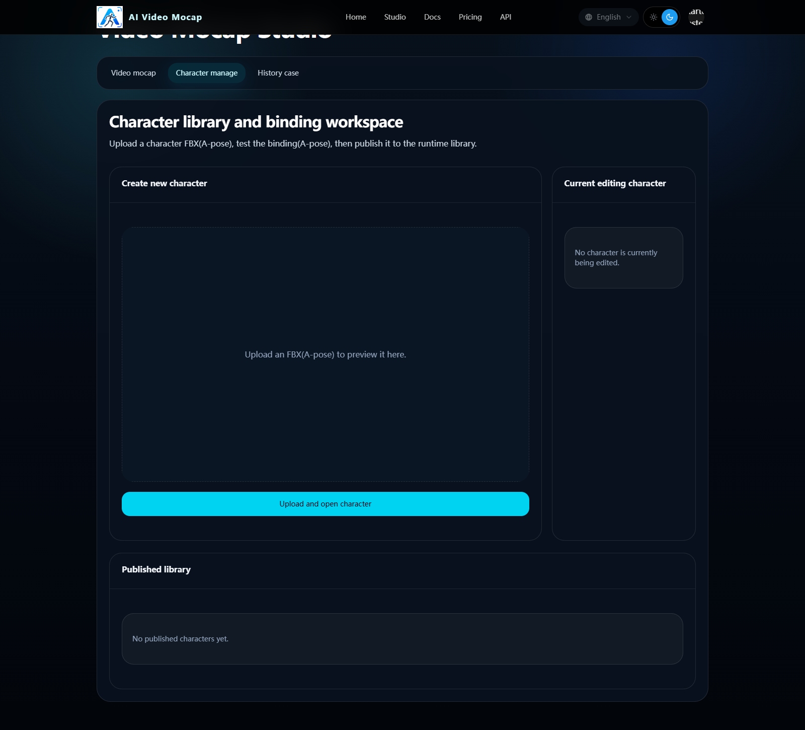 Character upload page